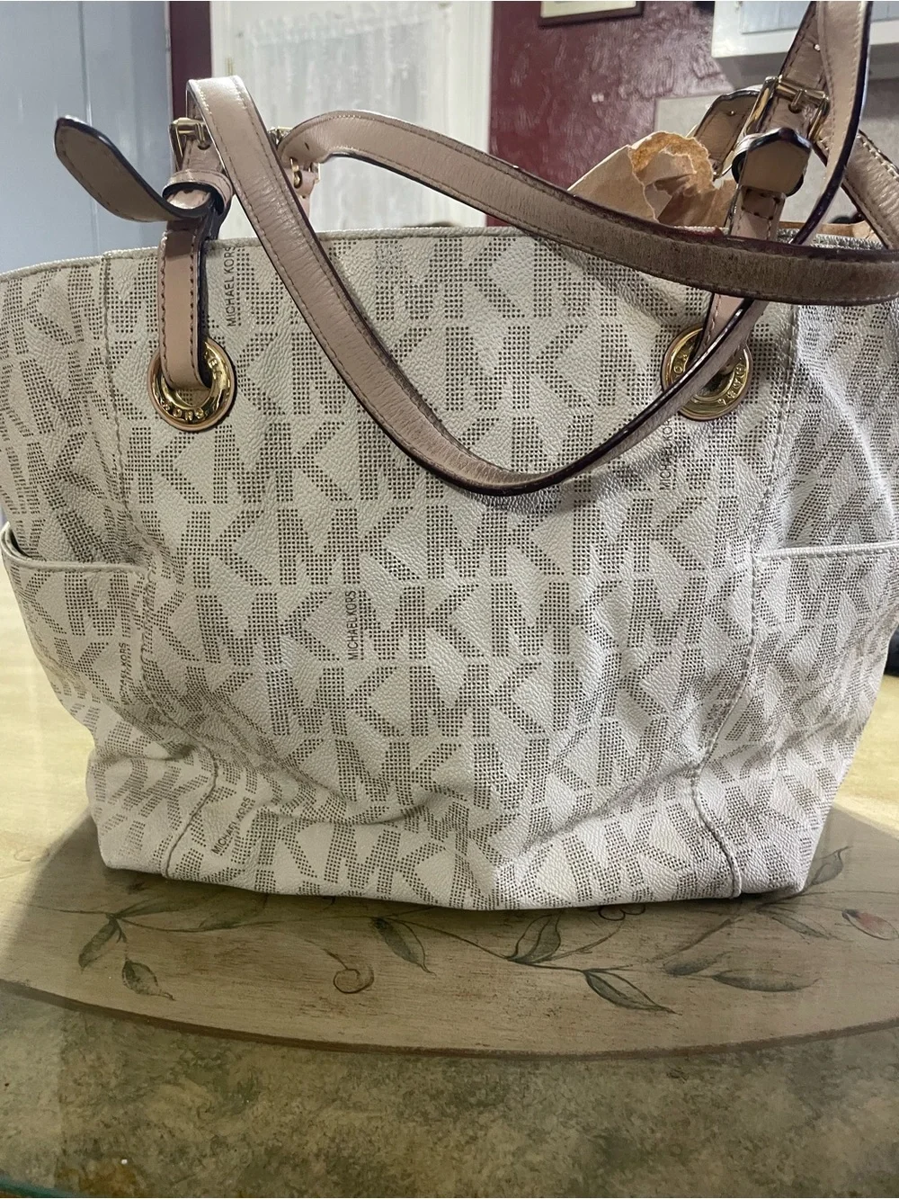 Michael Kors Cream Logo Tote with Tan Straps